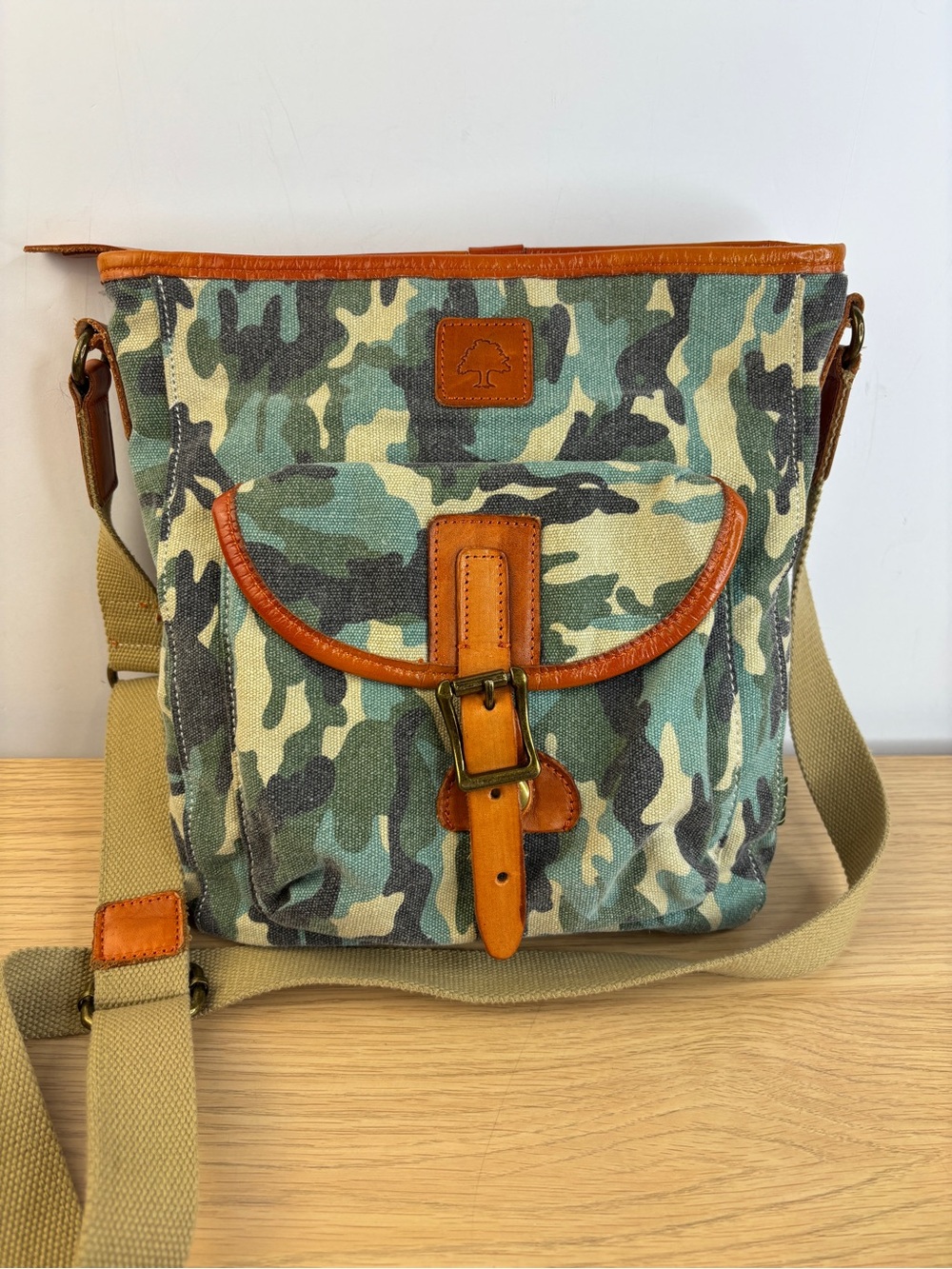 TSD Brand Leaf Hill Camo Canvas Crossbody Orange Leather
